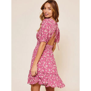 Magenta Pink Short Puff Sleeve Floral Open Back Dress L